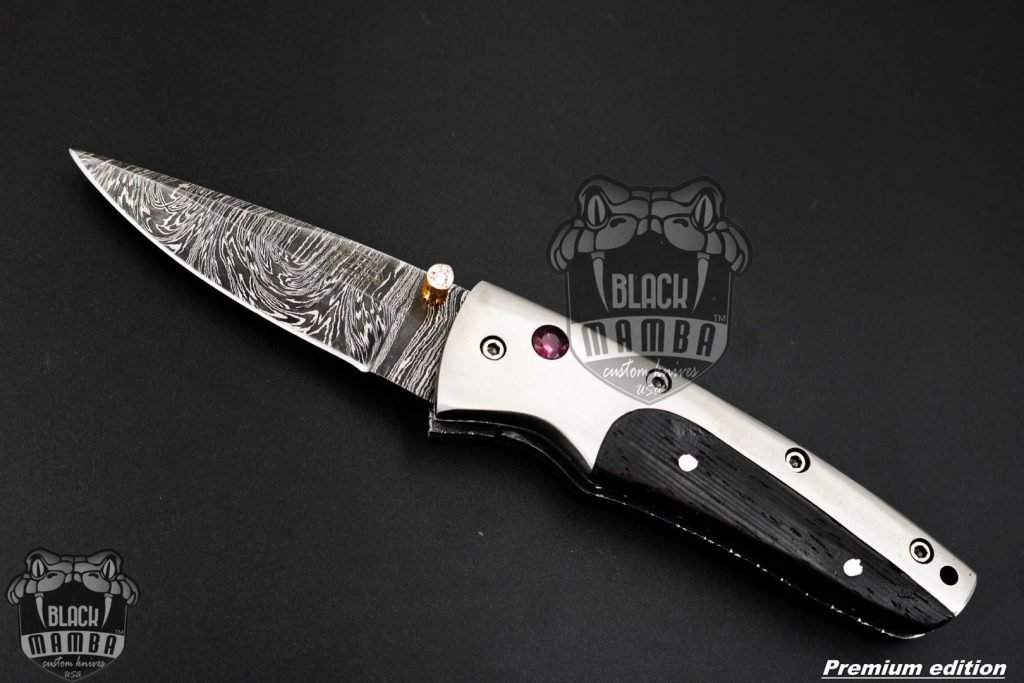 Black Mamba Knives Bmk-1016 Ananke 3.5 Inches Damascus Pocket Knives Titanium Handle with Wenge wood and A grade Red ruby , Diamond on it - Image 5