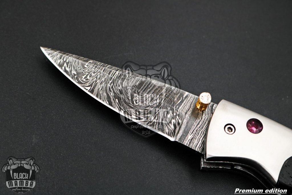 Black Mamba Knives Bmk-1016 Ananke 3.5 Inches Damascus Pocket Knives Titanium Handle with Wenge wood and A grade Red ruby , Diamond on it - Image 6