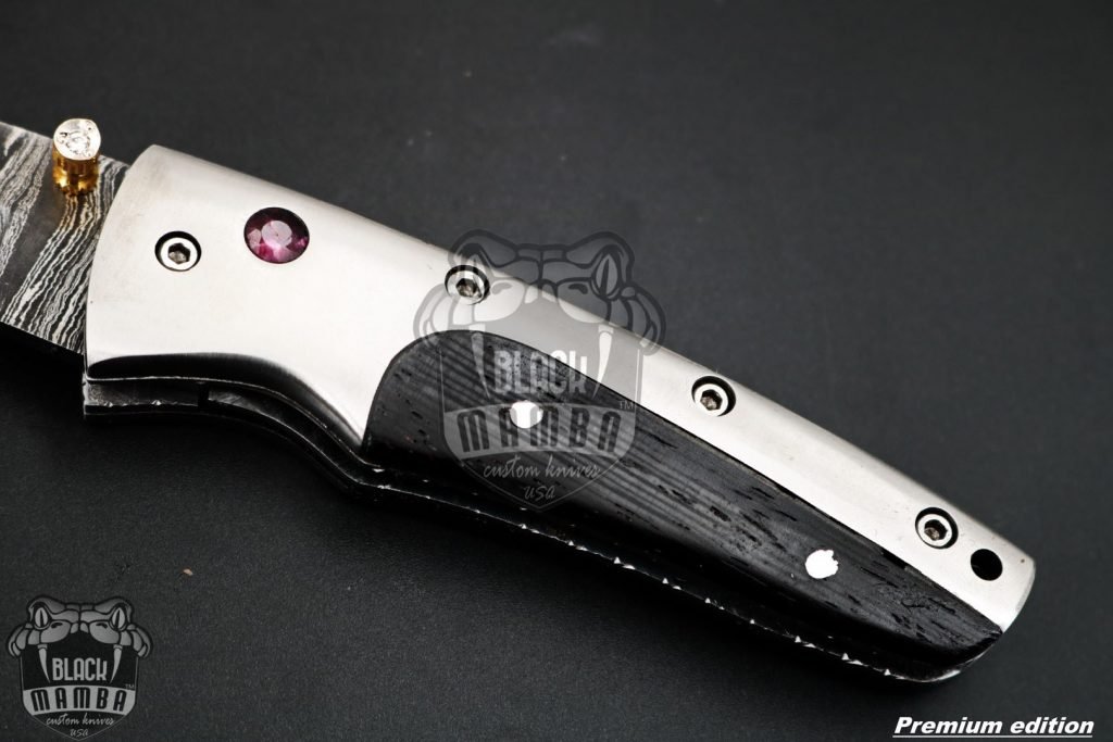 Black Mamba Knives Bmk-1016 Ananke 3.5 Inches Damascus Pocket Knives Titanium Handle with Wenge wood and A grade Red ruby , Diamond on it - Image 7