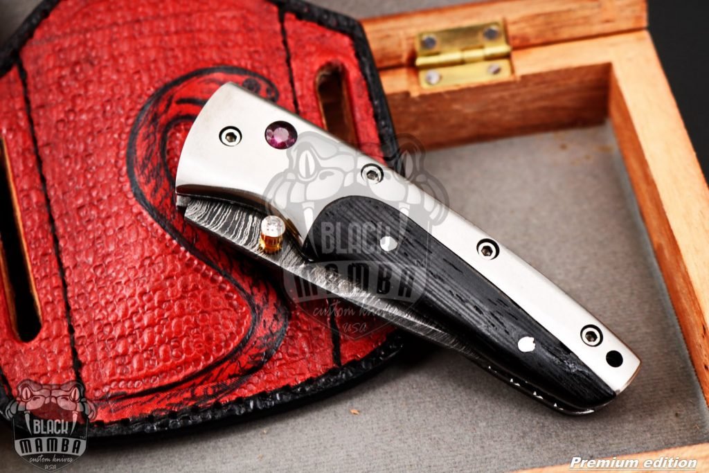 Black Mamba Knives Bmk-1016 Ananke 3.5 Inches Damascus Pocket Knives Titanium Handle with Wenge wood and A grade Red ruby , Diamond on it - Image 11