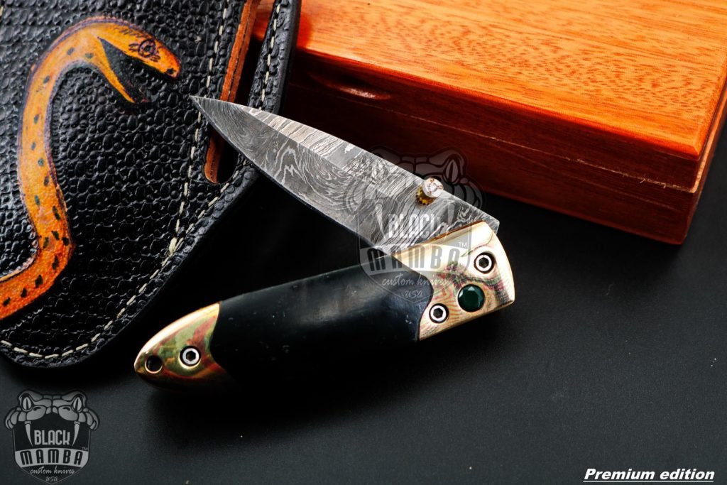 Bmk-1017 Mnemosyne 3" closed Damascus Pocket Knives Mokume Bolsters, Black Jade Gem Stone,Green Ruby Pure White Diamond - Image 2