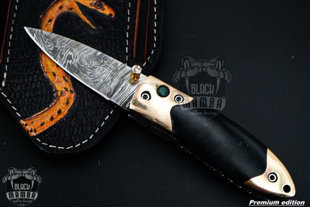 Bmk-1017 Mnemosyne 3" closed Damascus Pocket Knives Mokume Bolsters, Black Jade Gem Stone,Green Ruby Pure White Diamond - Image 3
