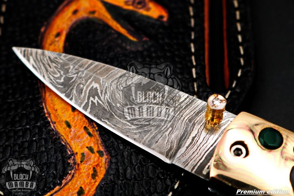 Bmk-1017 Mnemosyne 3" closed Damascus Pocket Knives Mokume Bolsters, Black Jade Gem Stone,Green Ruby Pure White Diamond - Image 4