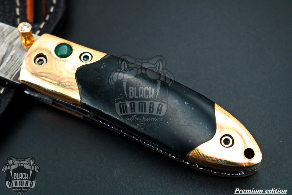 Bmk-1017 Mnemosyne 3" closed Damascus Pocket Knives Mokume Bolsters, Black Jade Gem Stone,Green Ruby Pure White Diamond - Image 6