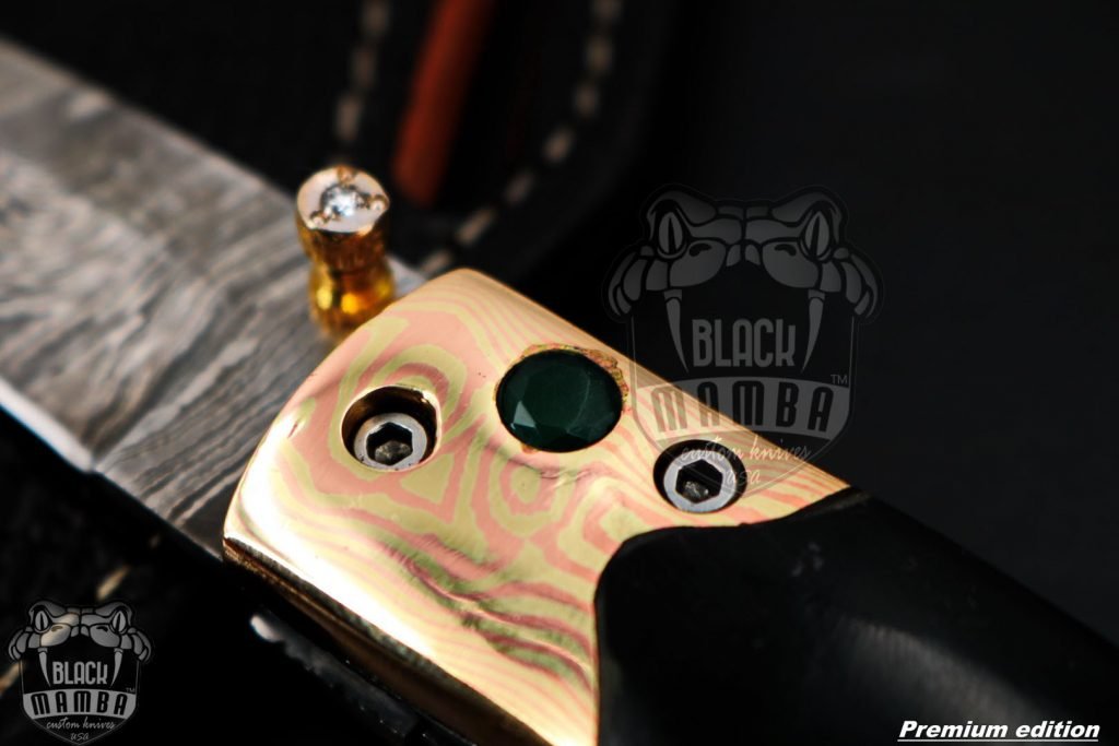 Bmk-1017 Mnemosyne 3" closed Damascus Pocket Knives Mokume Bolsters, Black Jade Gem Stone,Green Ruby Pure White Diamond - Image 8