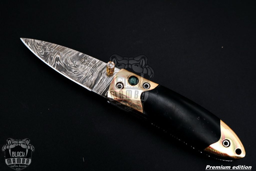 Bmk-1017 Mnemosyne 3" closed Damascus Pocket Knives Mokume Bolsters, Black Jade Gem Stone,Green Ruby Pure White Diamond - Image 10