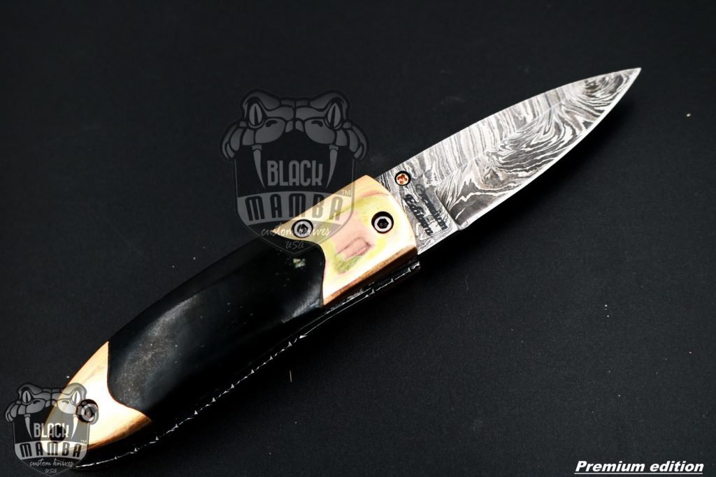Bmk-1017 Mnemosyne 3" closed Damascus Pocket Knives Mokume Bolsters, Black Jade Gem Stone,Green Ruby Pure White Diamond - Image 11