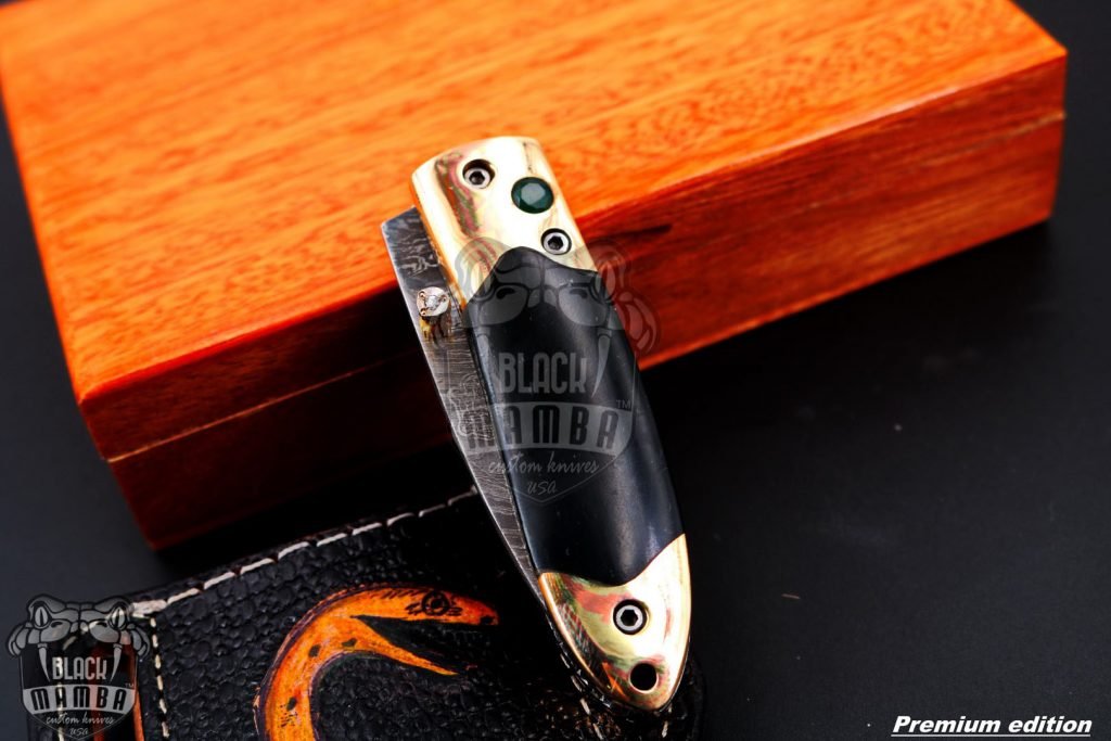 Bmk-1017 Mnemosyne 3" closed Damascus Pocket Knives Mokume Bolsters, Black Jade Gem Stone,Green Ruby Pure White Diamond - Image 15