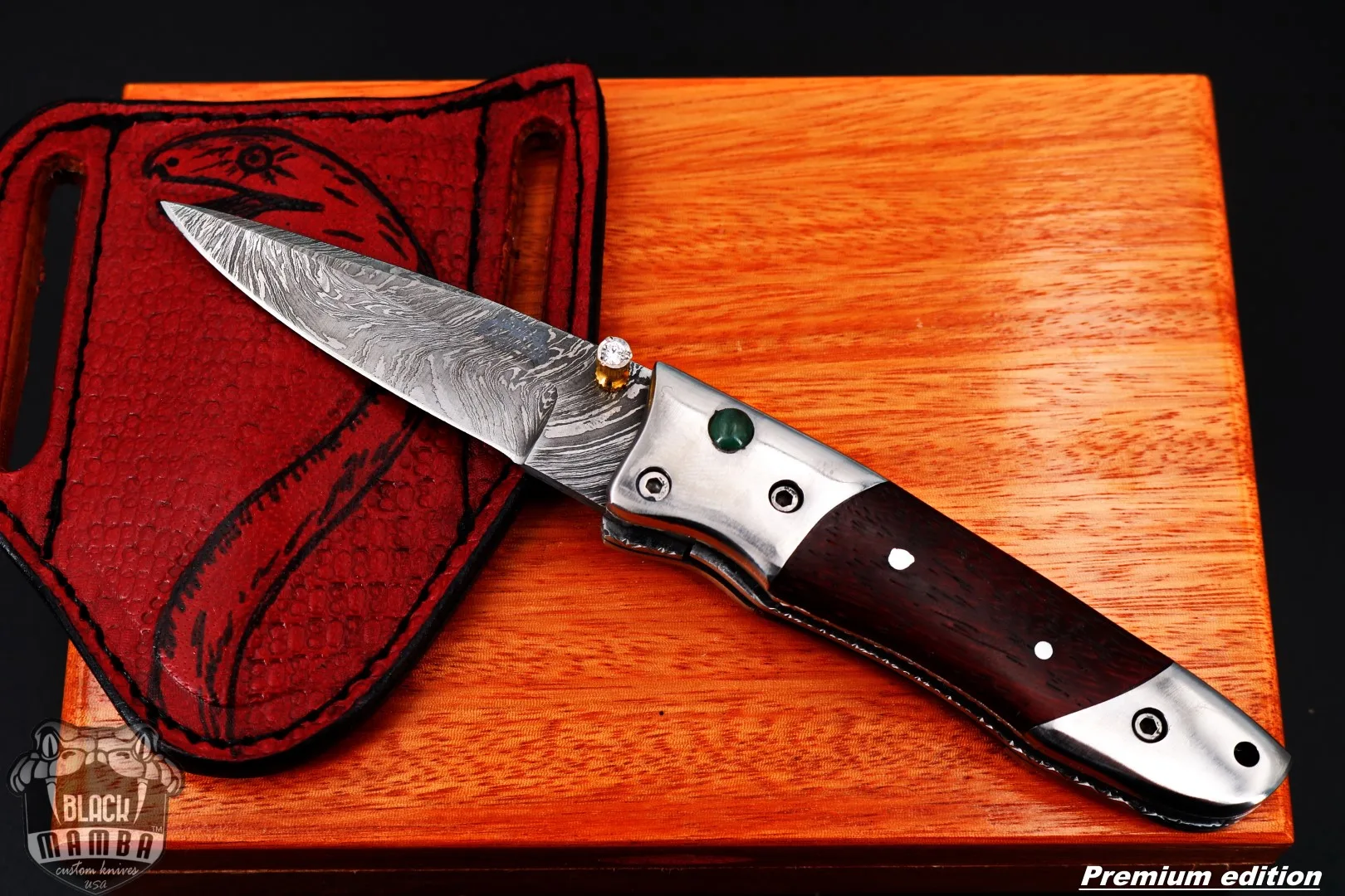 Ouranos - Damascus Folding Pocket Knife, 7″ Overall, Wood Handle - view 2
