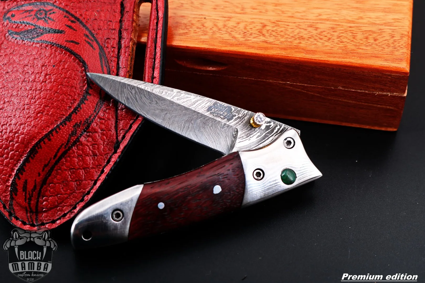 Ouranos - Damascus Folding Pocket Knife, 7″ Overall, Wood Handle - view 3