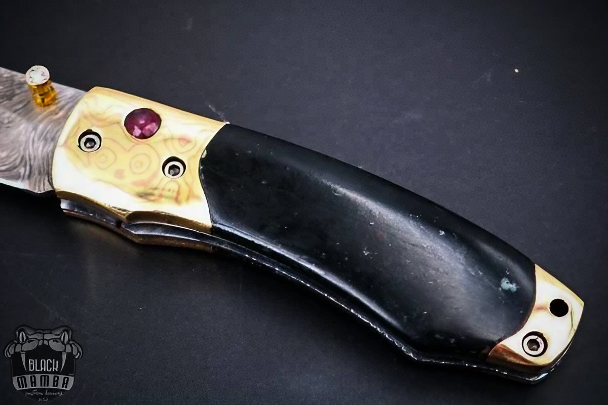 Black Mamba Knives Bmk-1020 Gaea 7 Inches Damascus Pocket Knives Mokume Bolsters,Black jade Gem Stone,Green Ruby Pure White Diamond - Image 12