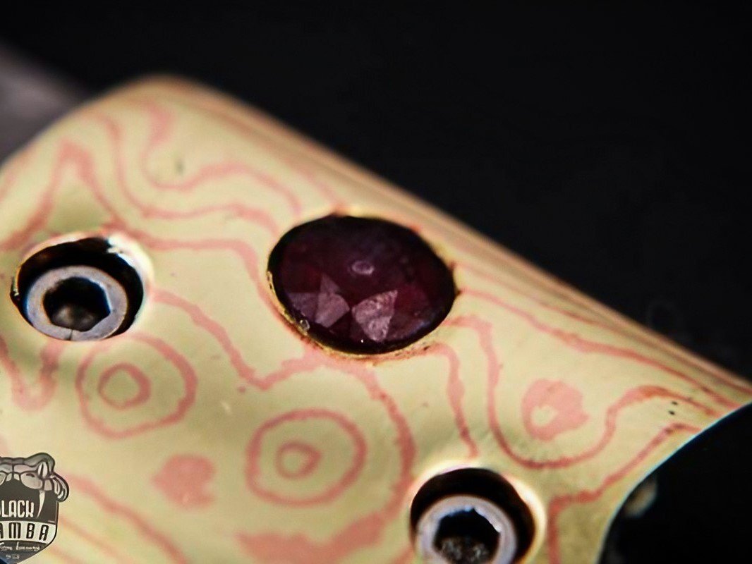 Black Mamba Knives Bmk-1020 Gaea 7 Inches Damascus Pocket Knives Mokume Bolsters,Black jade Gem Stone,Green Ruby Pure White Diamond - Image 14