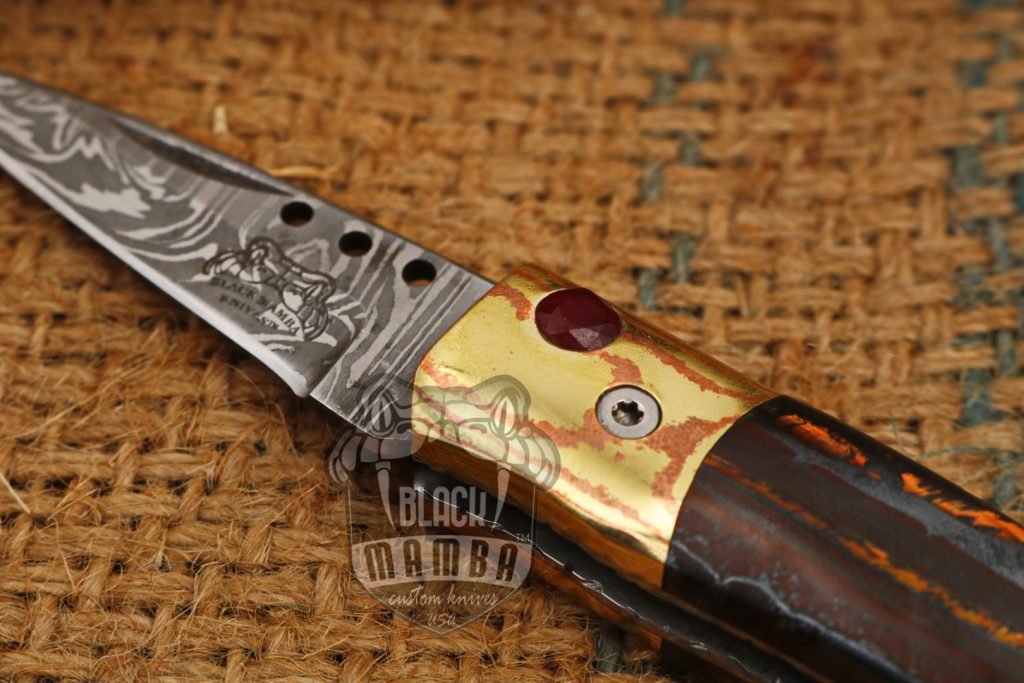 Bmk-1014 Apollo 7.5 Inches Long High End Damascus Pocket Knives Mokume Bolsters,Tiger Iron Gem Stone,Red Ruby - Image 3