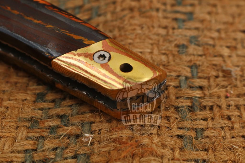 Bmk-1014 Apollo 7.5 Inches Long High End Damascus Pocket Knives Mokume Bolsters,Tiger Iron Gem Stone,Red Ruby - Image 4