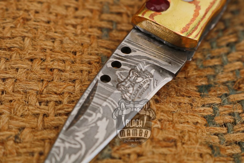 Bmk-1014 Apollo 7.5 Inches Long High End Damascus Pocket Knives Mokume Bolsters,Tiger Iron Gem Stone,Red Ruby - Image 5