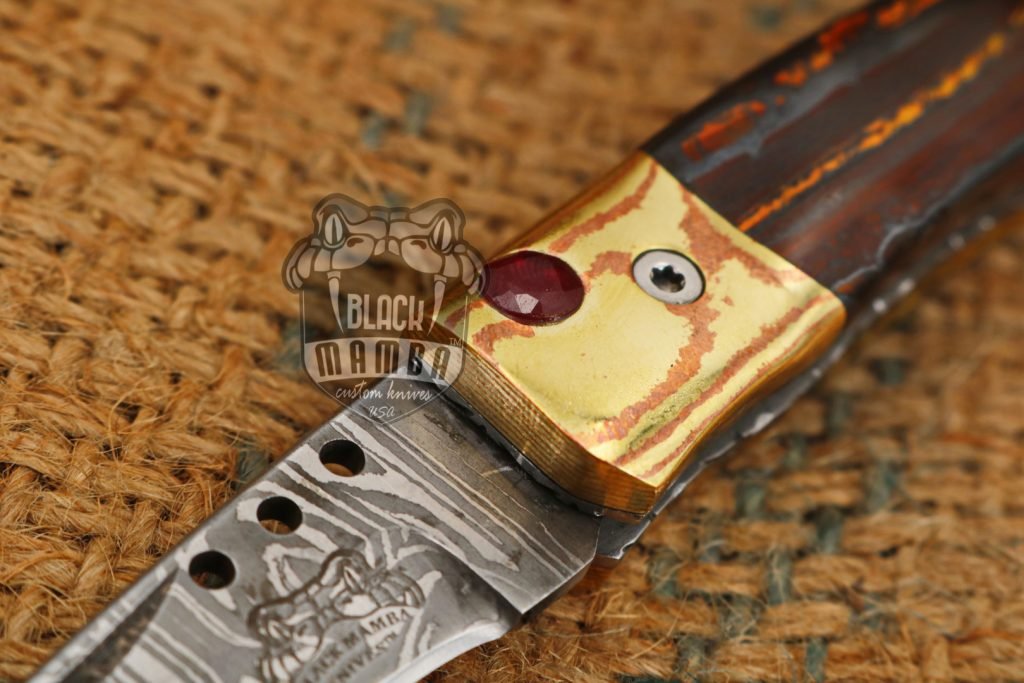 Bmk-1014 Apollo 7.5 Inches Long High End Damascus Pocket Knives Mokume Bolsters,Tiger Iron Gem Stone,Red Ruby - Image 6