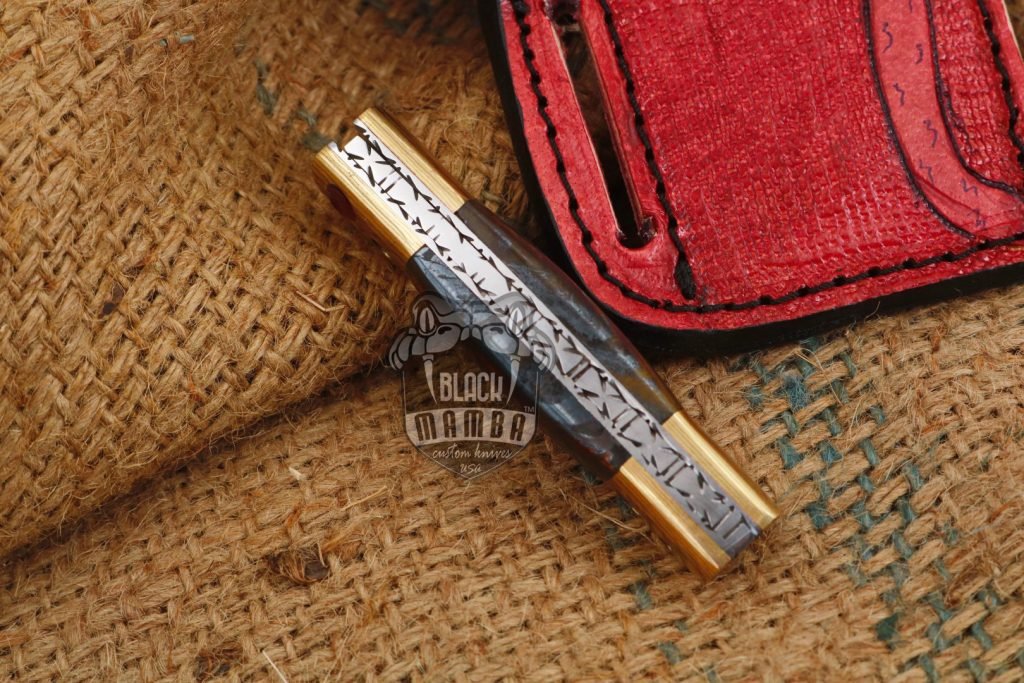 Bmk-1014 Apollo 7.5 Inches Long High End Damascus Pocket Knives Mokume Bolsters,Tiger Iron Gem Stone,Red Ruby - Image 7