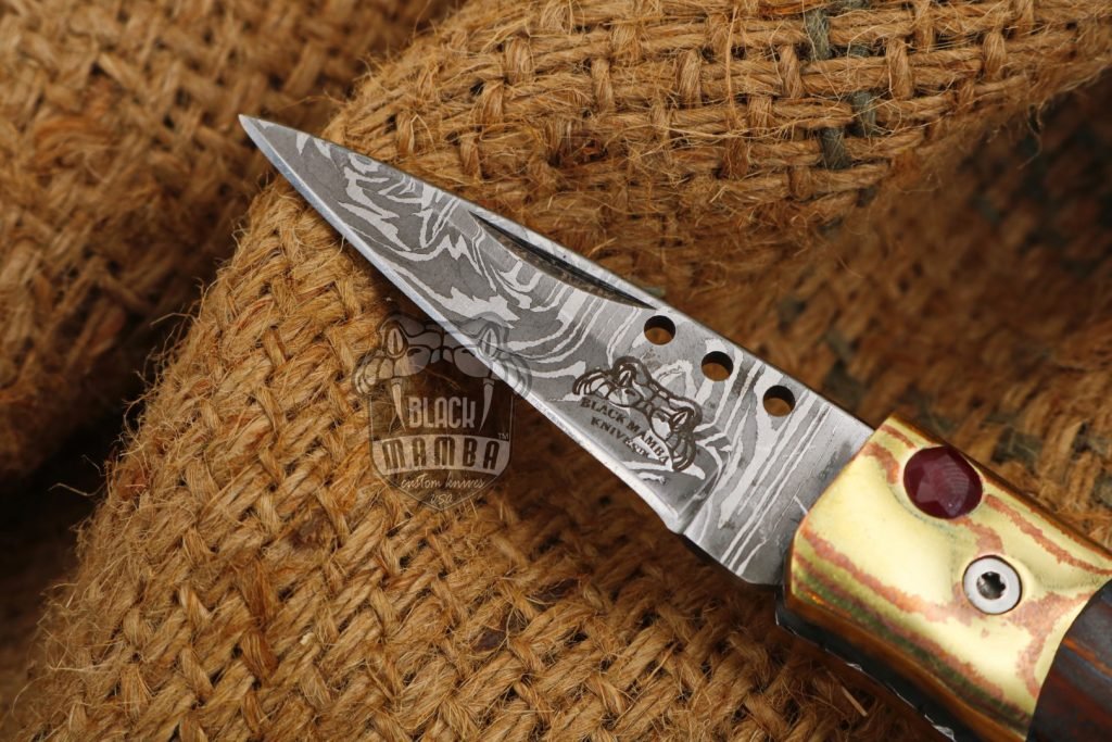 Bmk-1014 Apollo 7.5 Inches Long High End Damascus Pocket Knives Mokume Bolsters,Tiger Iron Gem Stone,Red Ruby - Image 8