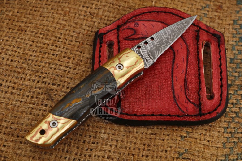 Bmk-1014 Apollo 7.5 Inches Long High End Damascus Pocket Knives Mokume Bolsters,Tiger Iron Gem Stone,Red Ruby - Image 9