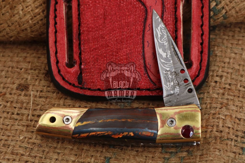 Bmk-1014 Apollo 7.5 Inches Long High End Damascus Pocket Knives Mokume Bolsters,Tiger Iron Gem Stone,Red Ruby - Image 2