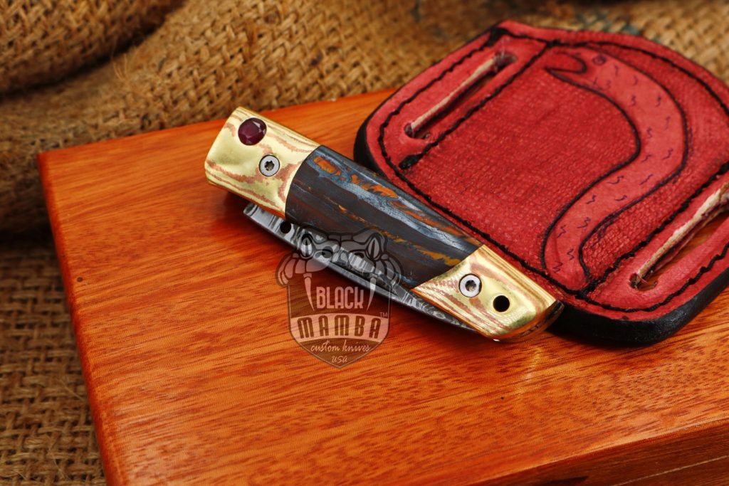 Bmk-1014 Apollo 7.5 Inches Long High End Damascus Pocket Knives Mokume Bolsters,Tiger Iron Gem Stone,Red Ruby - Image 11