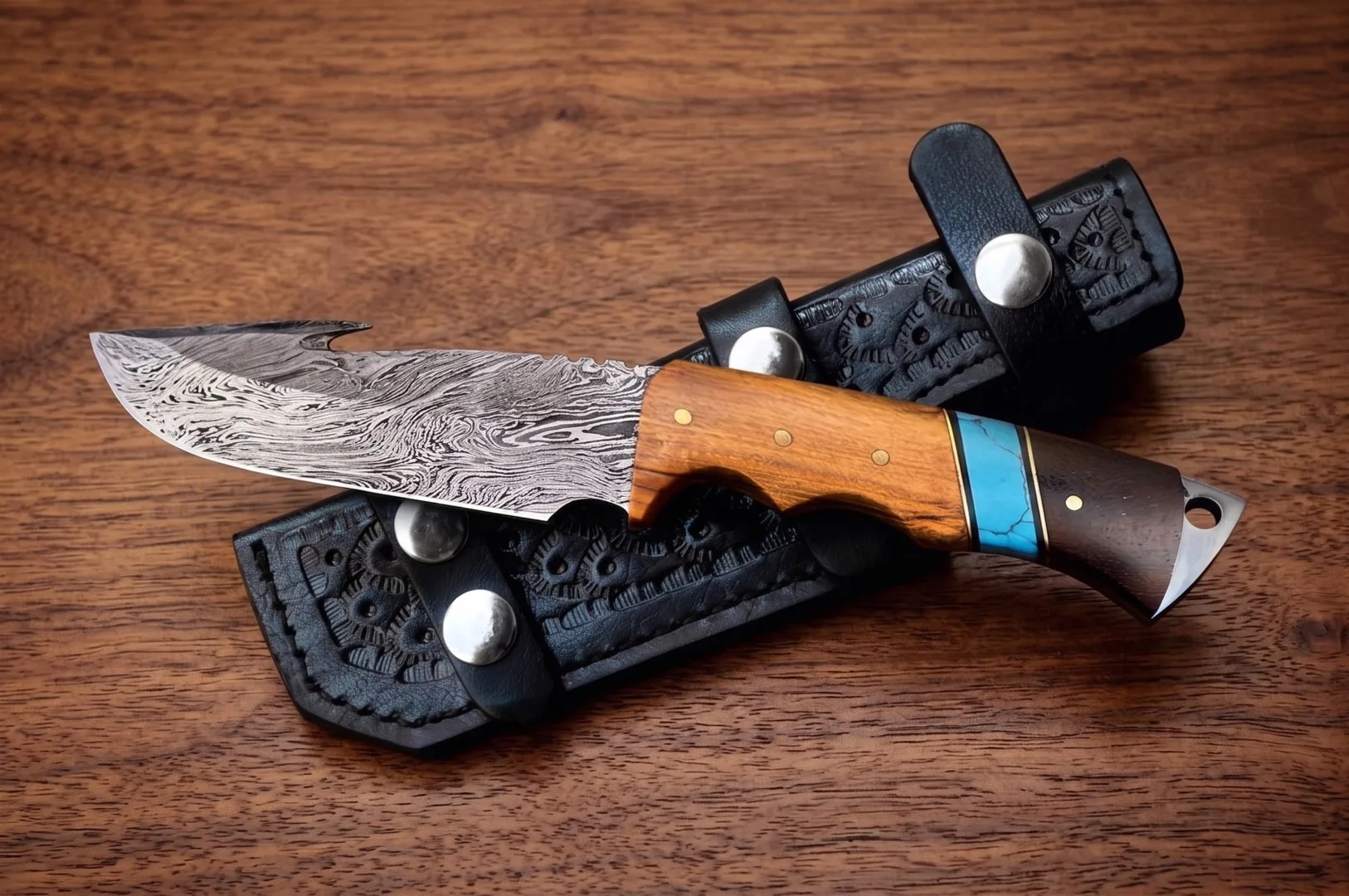 Slatra – Damascus Gut Hook Hunting Knife, 8.7″ Overall, Rose Wood Handle