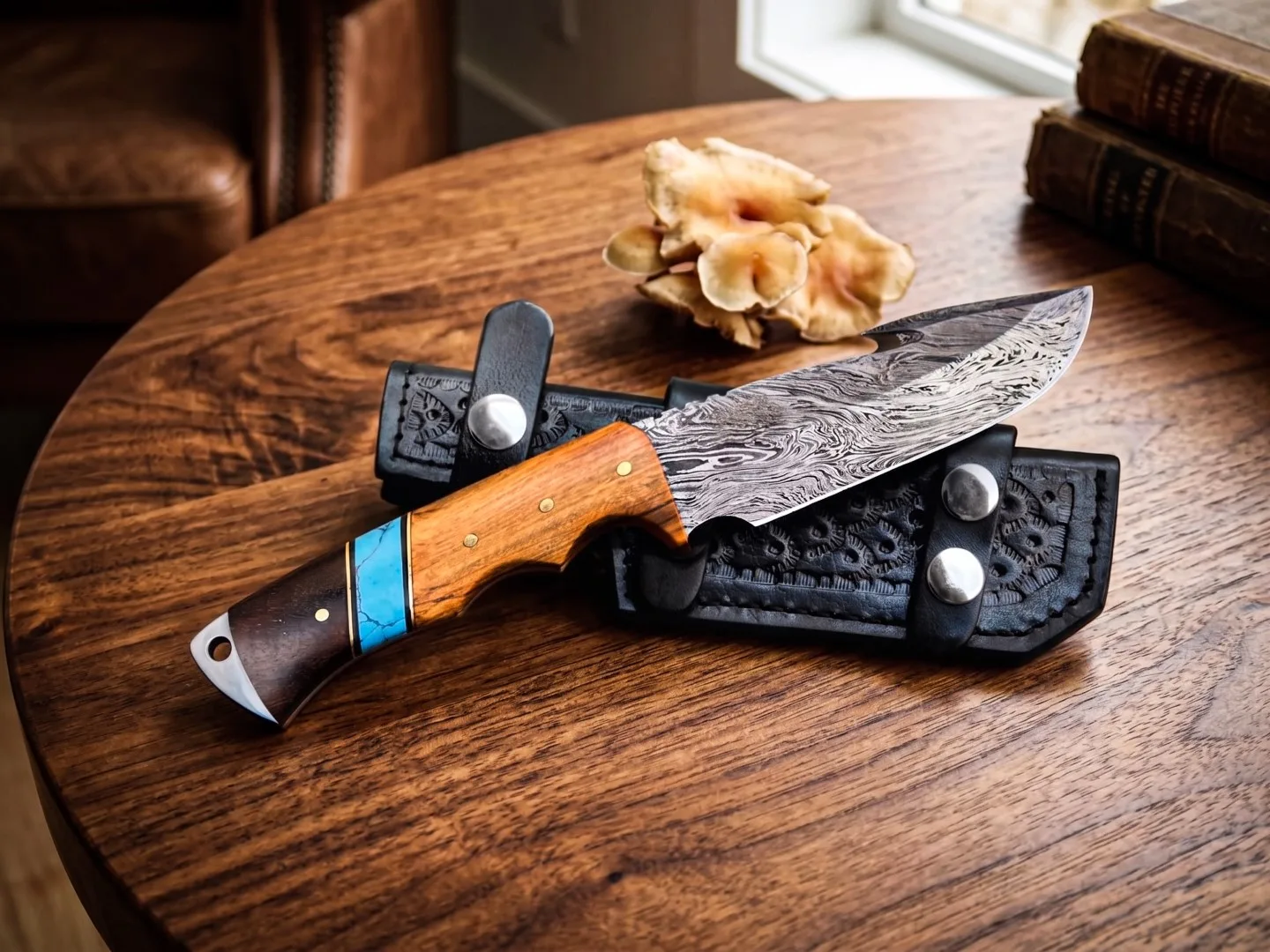 Slatra – Damascus Gut Hook Hunting Knife, 8.7″ Overall, Rose Wood Handle - view 2