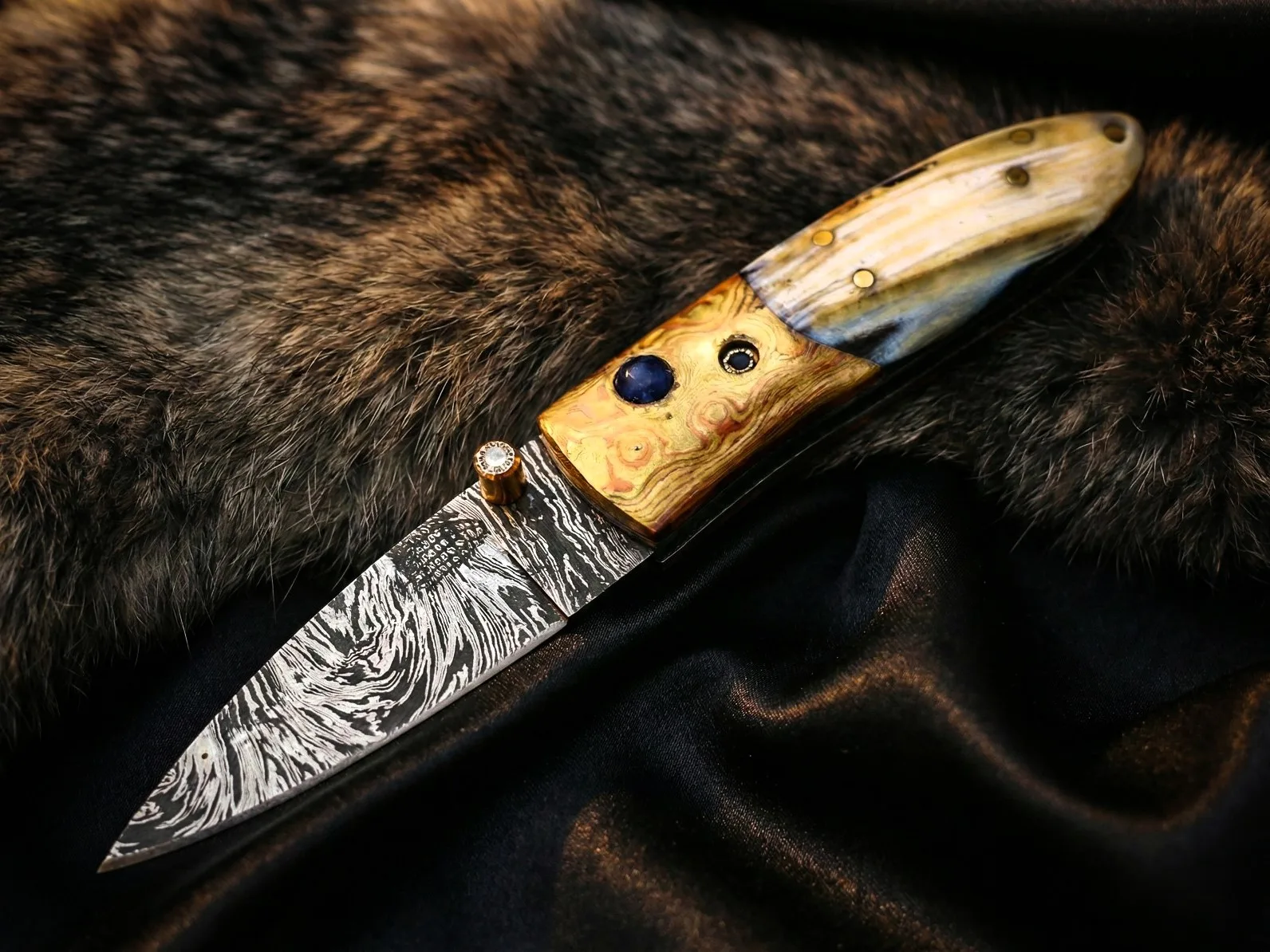 Black Mamba Knives Aphrodite 3.5 Inches Closed Damascus Pocket Knives Mokume Bolsters, Antique Animal Tooth Stone, Green Ruby, Diamond Folding Knife USA Made | BMK-1012 - view 10
