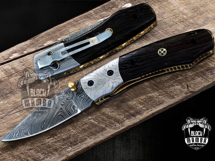 Bmk-428 Ribbon Snake 6.5 Long 2.8 Blade 4.5 Ounce Damascus Pocket Clip Knives Handmade Damascus Pocket Folding Knife With Leather Cover Hand Made World Class Knives USA Made