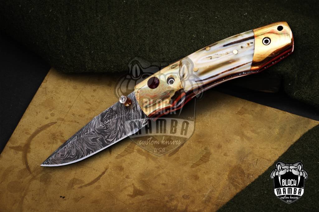 Bmk-1008 Zeus 6.5 Long High End Damascus Pocket Knives Mokume Bolsters,Antique Animal Tooth,Red Ruby,Pure white diamond USA Made
