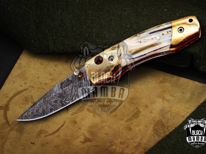 Bmk-1008 Zeus 6.5 Long High End Damascus Pocket Knives Mokume Bolsters,Antique Animal Tooth,Red Ruby,Pure white diamond USA Made