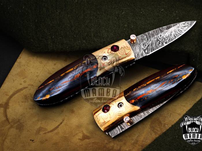 Bmk-1010 Ares 3.5 Inches High End Damascus Pocket Knives Mokume Bolsters,Tiger Iron Gem Stone,Red Ruby,Pure white diamond