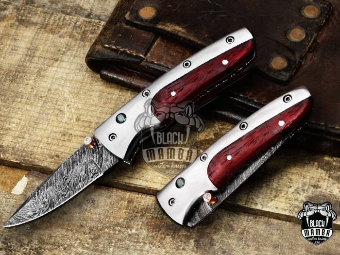 Black Mamba Knives Bmk-1013 Hephaestus 7.5 Long Damascus Pocket Knives Titanium Handle with paddock wood and A grade green ruby , Diamond