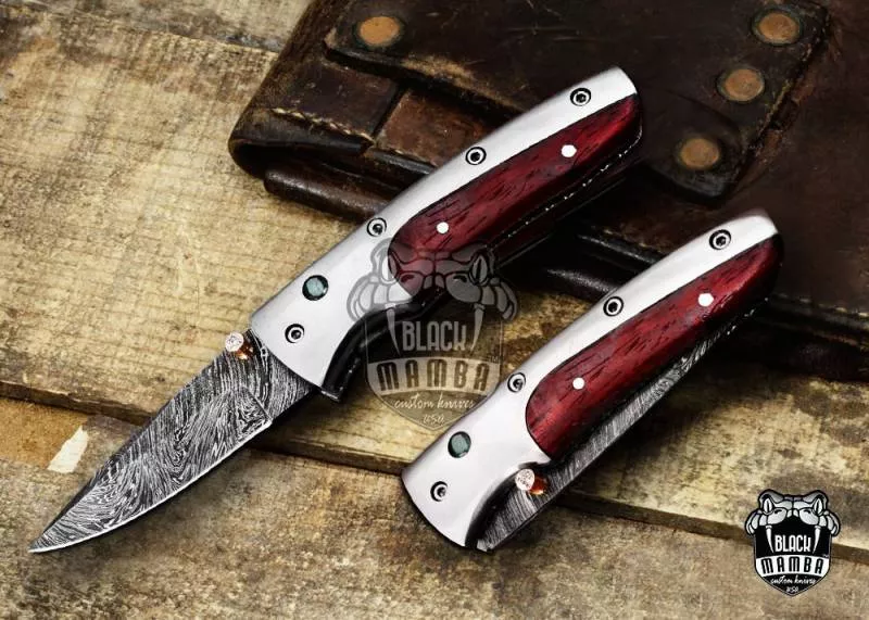 Black Mamba Knives Bmk-1013 Hephaestus 7.5 Long Damascus Pocket Knives Titanium Handle with paddock wood and A grade green ruby , Diamond