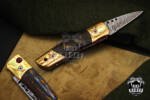 Bmk-1014 Apollo 7.5 Inches Long High End Damascus Pocket Knives Mokume Bolsters,Tiger Iron Gem Stone,Red Ruby
