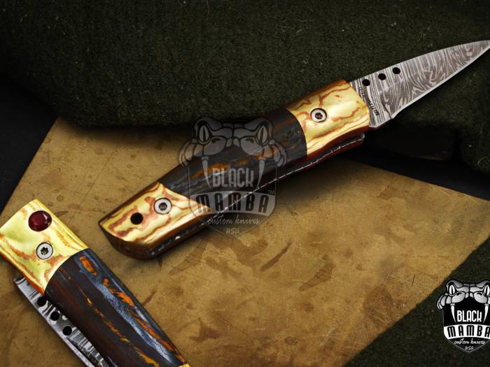 Bmk-1014 Apollo 7.5 Inches Long High End Damascus Pocket Knives Mokume Bolsters,Tiger Iron Gem Stone,Red Ruby