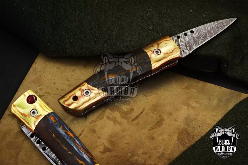 Bmk-1014 Apollo 7.5 Inches Long High End Damascus Pocket Knives Mokume Bolsters,Tiger Iron Gem Stone,Red Ruby