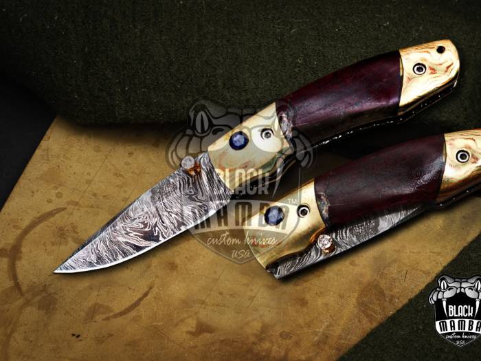 Bmk-1019 Heracles 7 Long Damascus Pocket Knives Mokume Bolsters,Red Lapis Gem Stone,Green Ruby Pure White Diamond folding knife USA Made