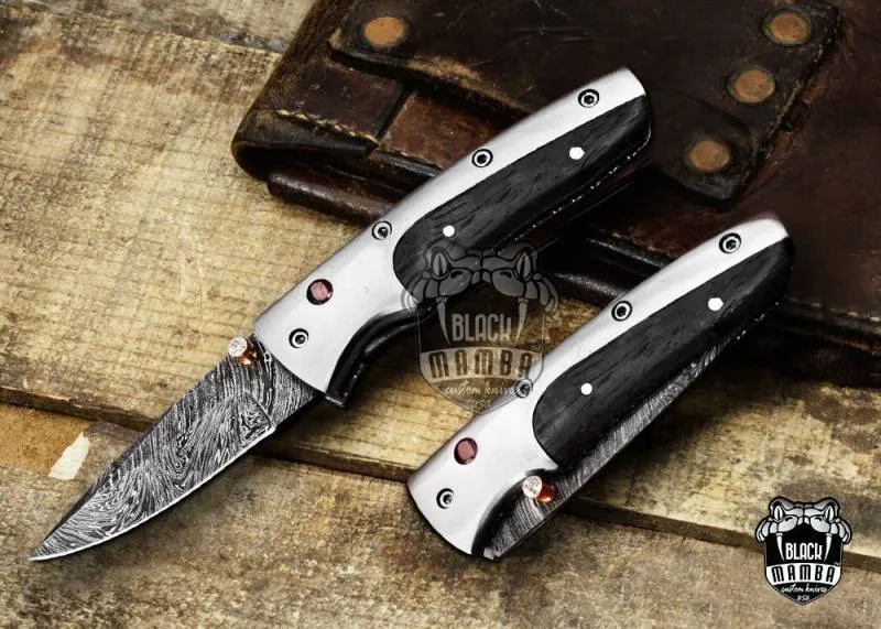 Black Mamba Knives Bmk-1016 Ananke 3.5 Inches Damascus Pocket Knives Titanium Handle with Wenge wood and A grade Red ruby , Diamond on it