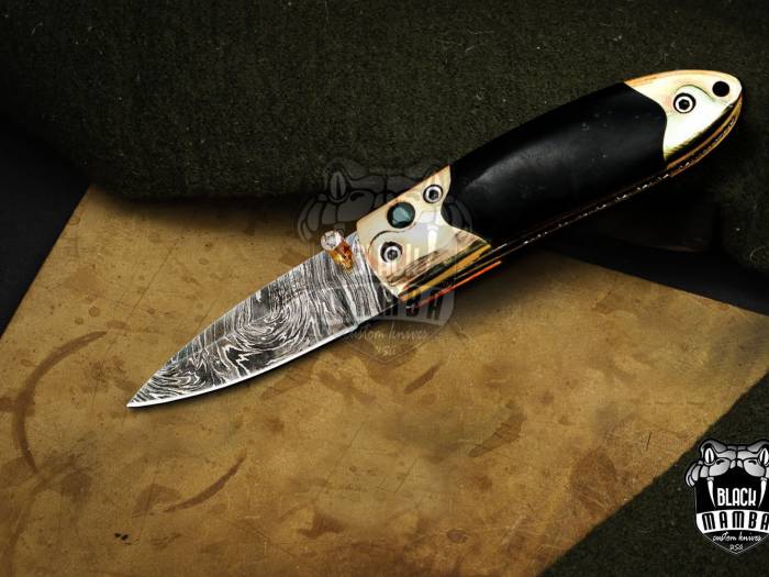 Bmk-1017 Mnemosyne 3" closed Damascus Pocket Knives Mokume Bolsters, Black Jade Gem Stone,Green Ruby Pure White Diamond