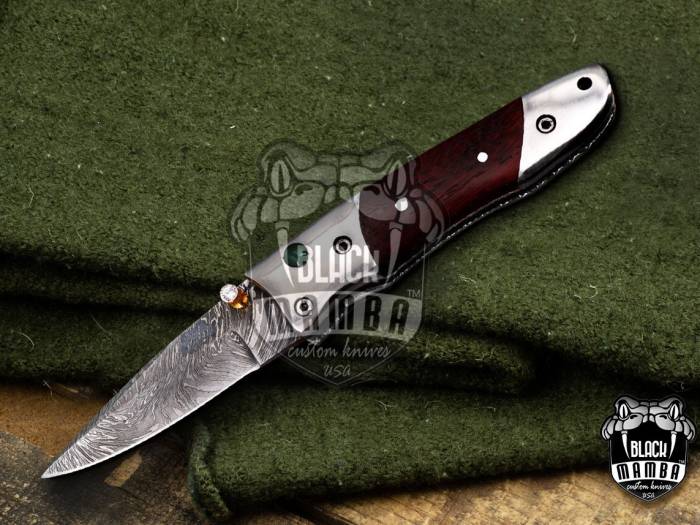 Black Mamba Knives Bmk-1018 Ouranos 7" Long Damascus Pocket Knives folding knife Titanium Handle with Paddock wood and A grade Greed ruby , Diamond on it