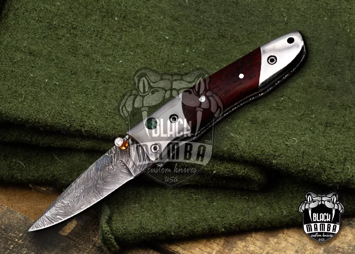 Ouranos - Damascus Folding Pocket Knife, 7″ Overall, Wood Handle