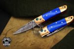 Bmk-1011 Poseidon 3 In Closed High End Damascus Pocket Knives Mokume Bolsters,Blue Lapis Gem Stone,Green Ruby