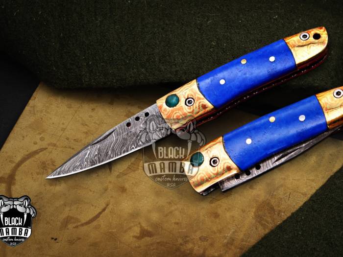 Bmk-1011 Poseidon 3 In Closed High End Damascus Pocket Knives Mokume Bolsters,Blue Lapis Gem Stone,Green Ruby