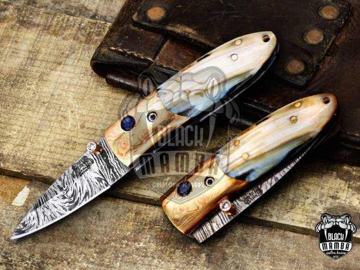 Black Mamba Knives Bmk-1012 Aphrodite 3.5 Inches Closed Damascus Pocket Knives Mokume Bolsters,Antique Animal Tooth Stone,Green Ruby,Diamond folding knife USA Made