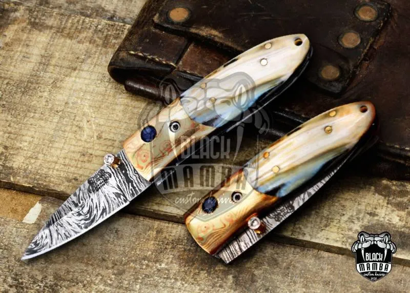 Black Mamba Knives Bmk-1012 Aphrodite 3.5 Inches Closed Damascus Pocket Knives Mokume Bolsters,Antique Animal Tooth Stone,Green Ruby,Diamond folding knife USA Made