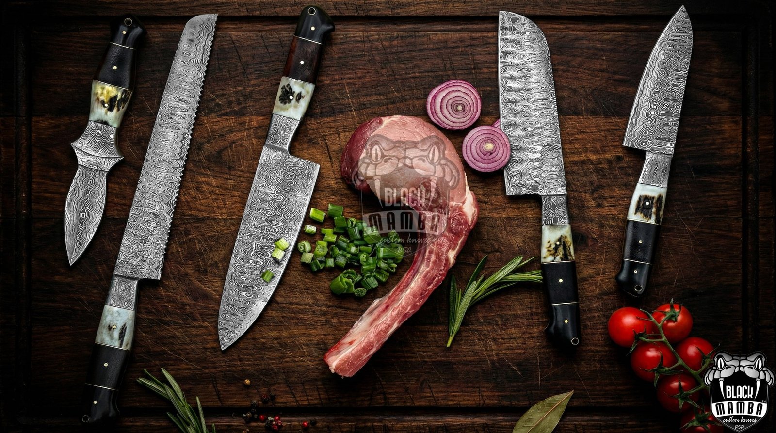 Bmk-707 Snow Leopard Damascus Steel Chef Knives Set with dagger Hand Made Black Mamba Knives