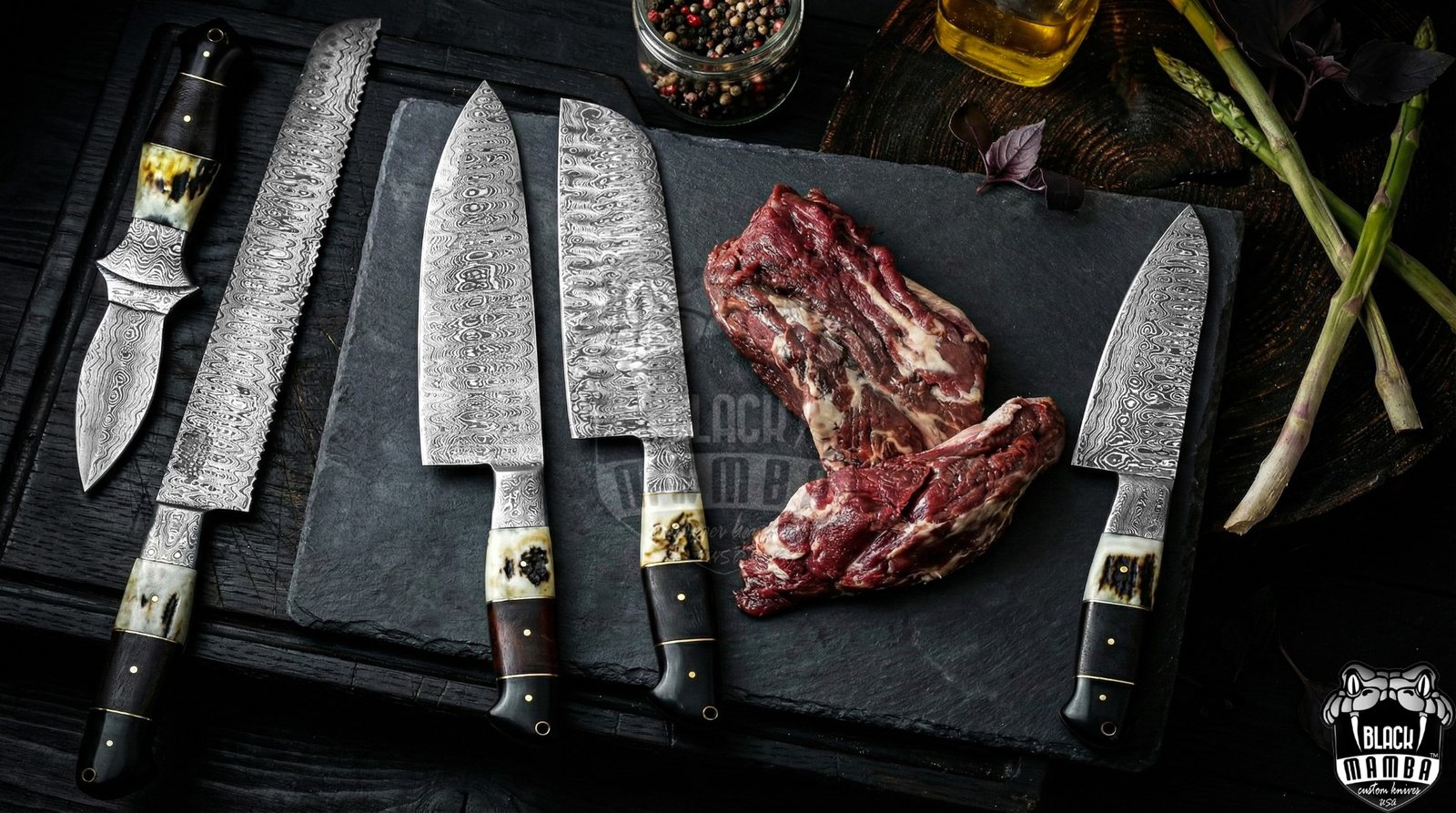 Bmk-707 Snow Leopard Damascus Steel Chef Knives Set with dagger Hand Made Black Mamba Knives - Image 7