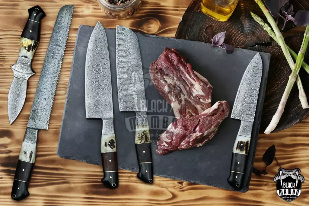 Bmk-707 Snow Leopard Damascus Steel Chef Knives Set with dagger Hand Made Black Mamba Knives - Image 2