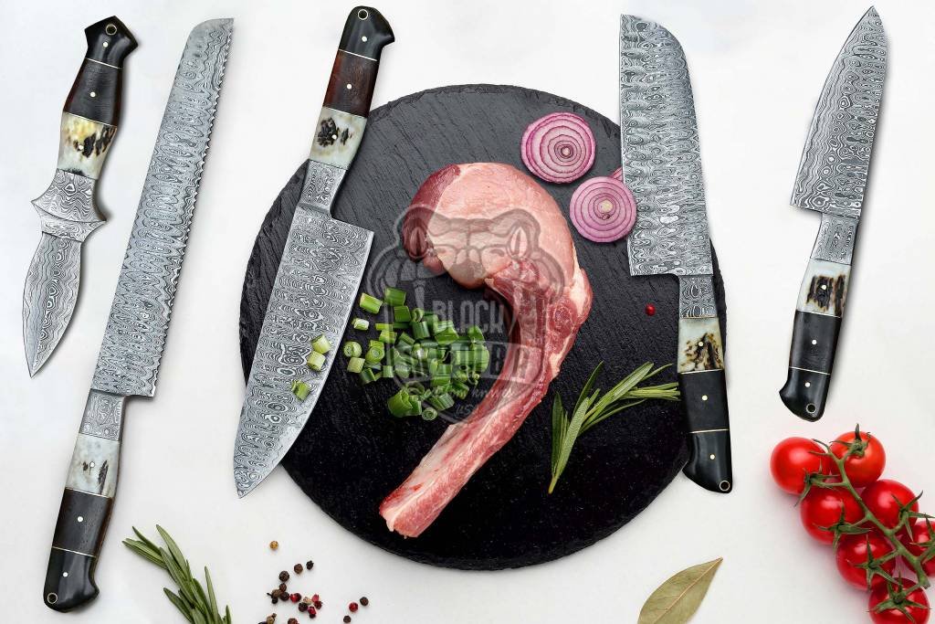 Bmk-707 Snow Leopard Damascus Steel Chef Knives Set with dagger Hand Made Black Mamba Knives